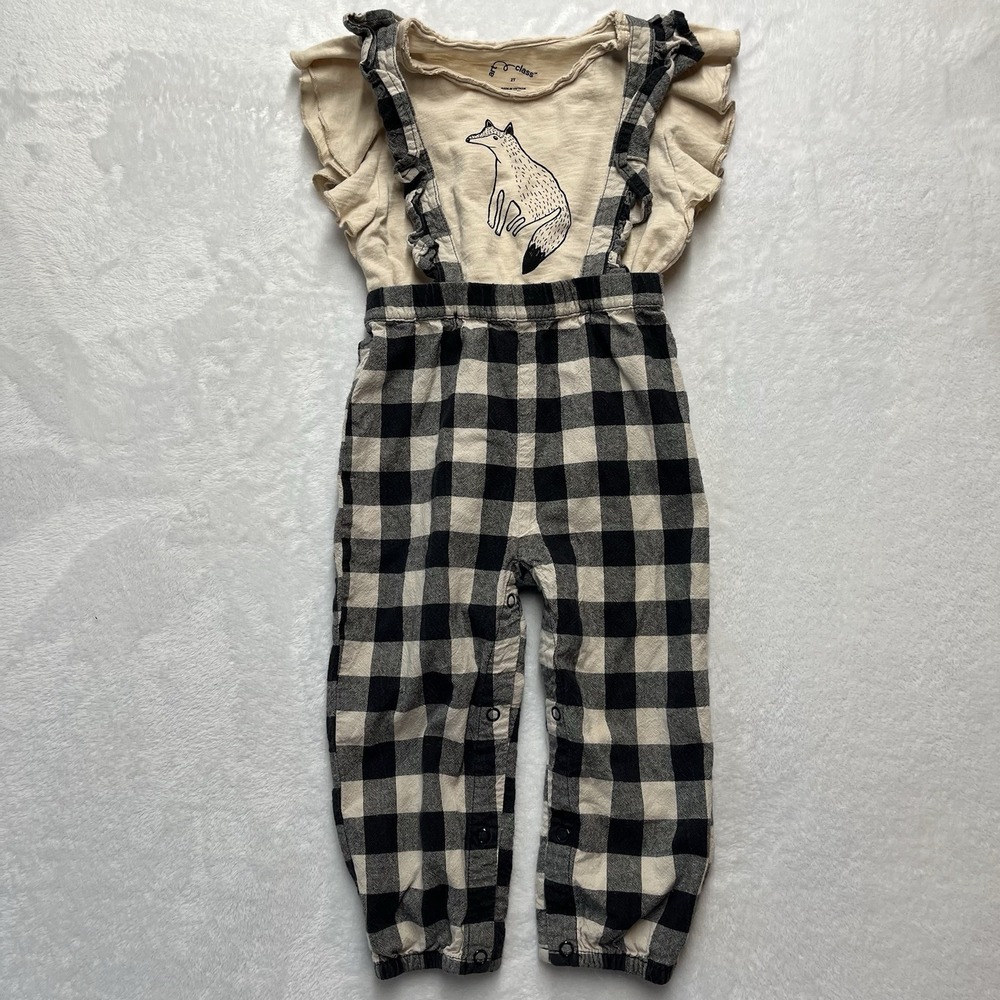 Art Class Overalls Toddler Girls 2T Buffalo Plaid Fox Fall Ruffle Sleeve Girly